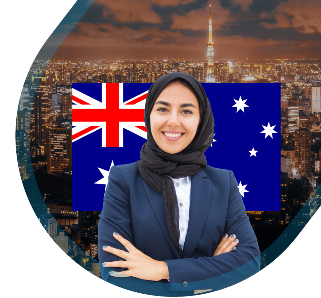 Professional woman standing confidently in front of the Australian flag and Dubai city skyline, representing Australia certificate attestation services in Dubai and the UAE.