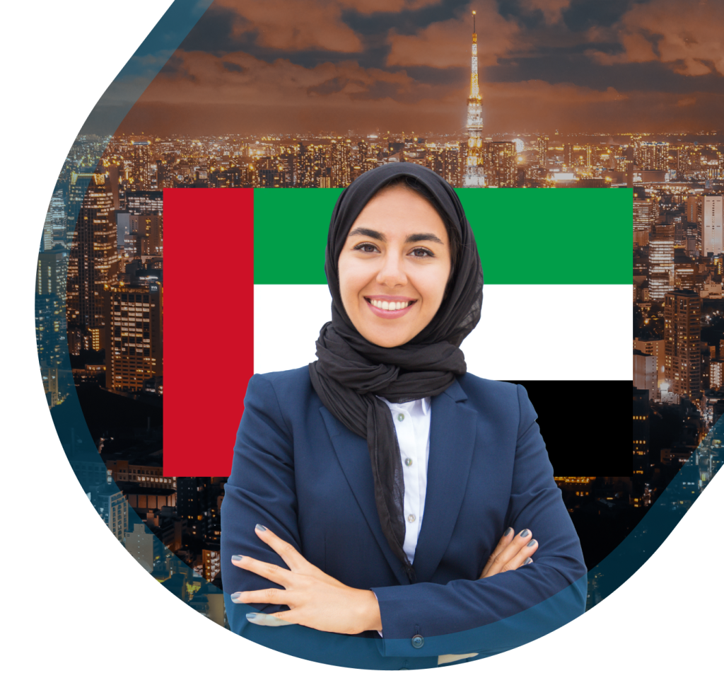 Smiling woman in formal attire with UAE flag in background representing Russian certificate attestation services in Dubai