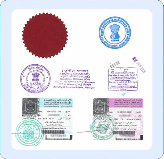 Sample attested birth certificate with UAE and Indian government stamps and seals for document attestation.